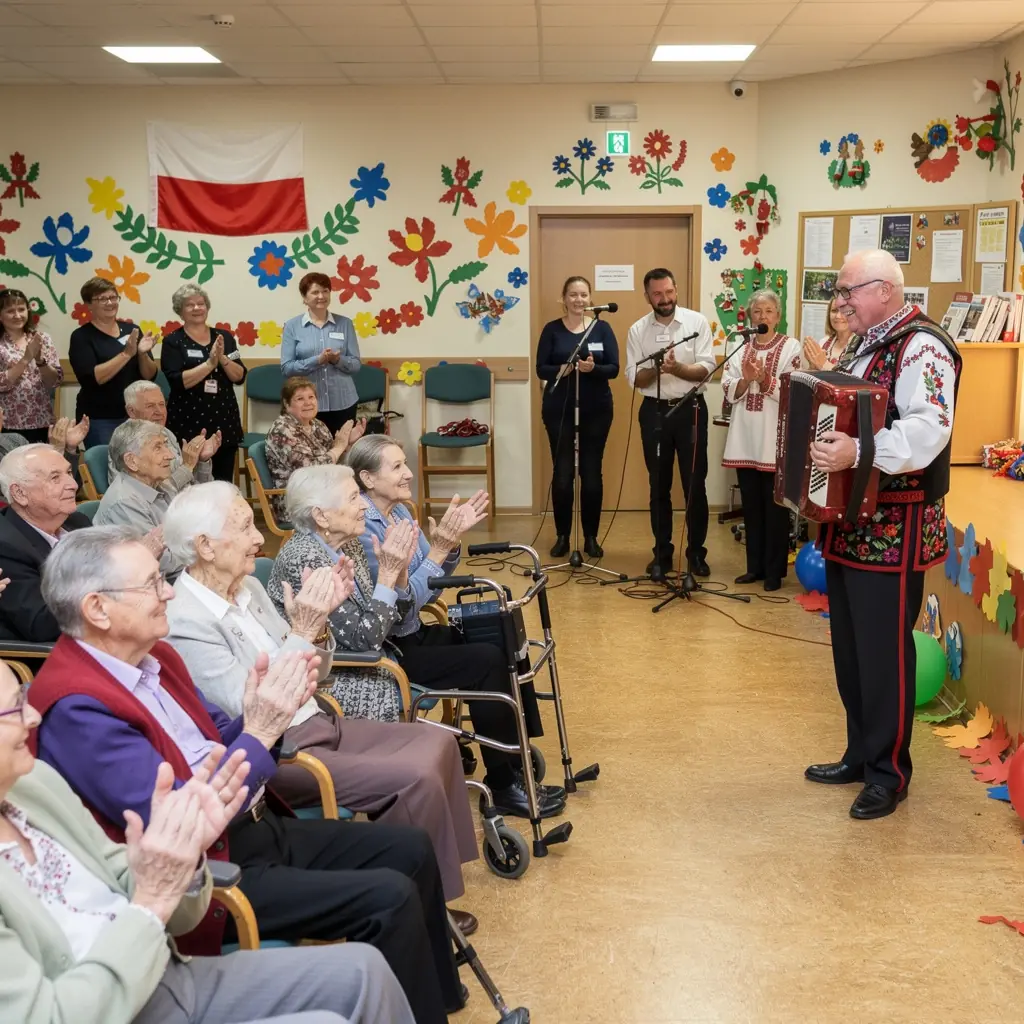 Grupa seniorów uczestniczących w zajęciach terapeutycznych w przyjaznej atmosferze.