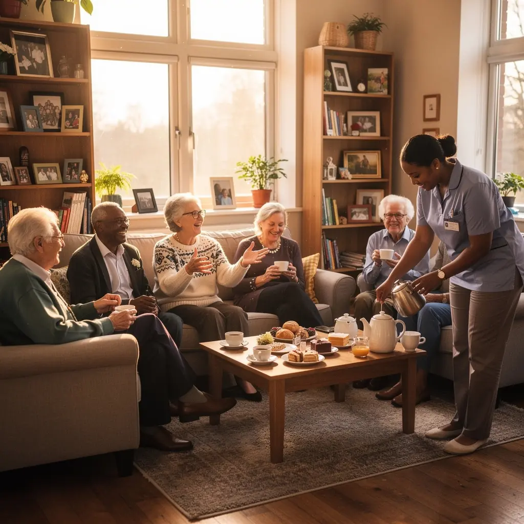 Seniorzy korzystający z zajęć relaksacyjnych na świeżym powietrzu w ogrodzie terapeutycznym.